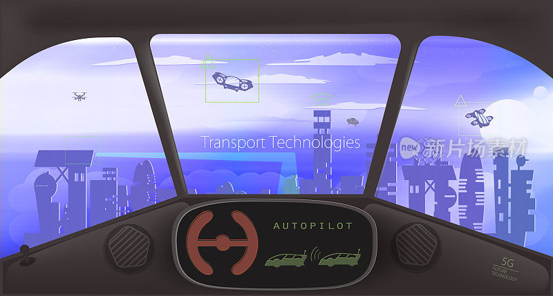 从驾驶舱内的飞行汽车。先进的驾驶辅助系统。未来交通的概念。向量。混合动力汽车。飞行汽车。未来智能城市。卡通插图与现实的元素。3 d。